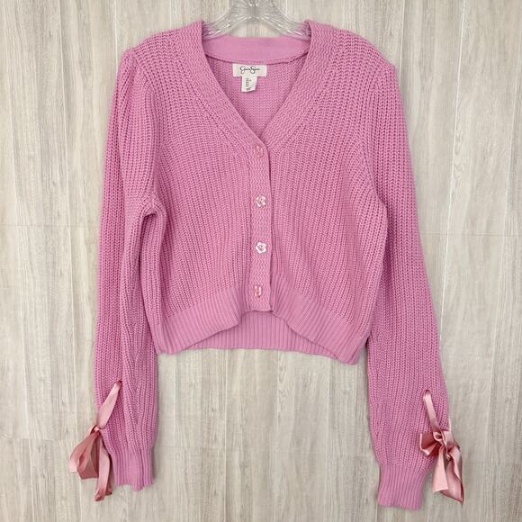 Jessica Simpson Sweaters - Jessica Simpson Sweater Large Open Knit Cardigan Button Satin Ribbon Bows Girly
